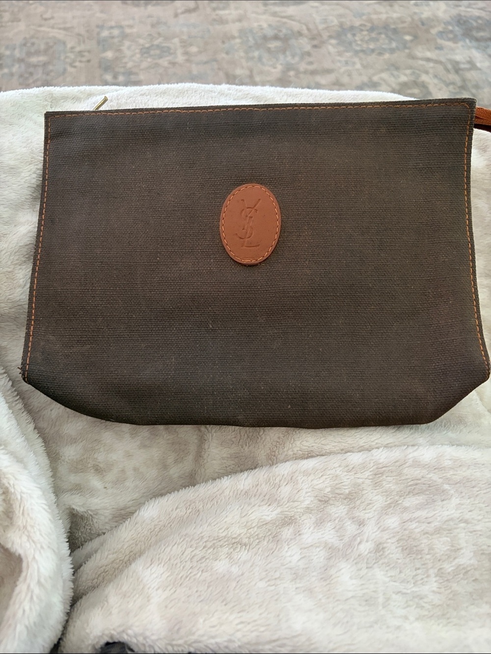 Yves Saint Laurent Brown Canvas Clutch with Leather Logo Patch